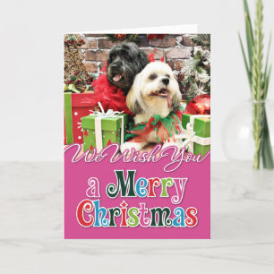 Cartão De Festividades Natal - Lhasa Apso - trevo e duende