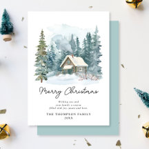Natal Manuscrito Aconchegante de Cabana em Aquarel