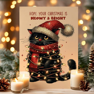 Cartão De Festividades Natal Meowy & Brilhante Gato Enroscado em Luzes Di