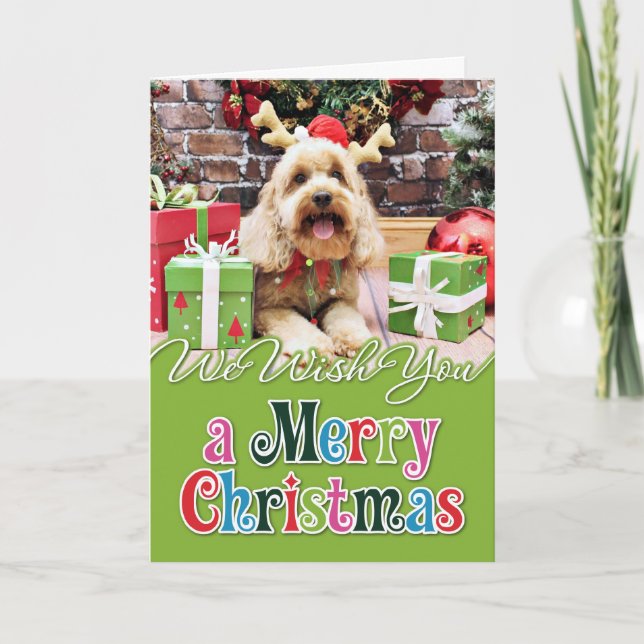 Cartão De Festividades Natal - mini GoldenDoodle - Maggie (Frente)