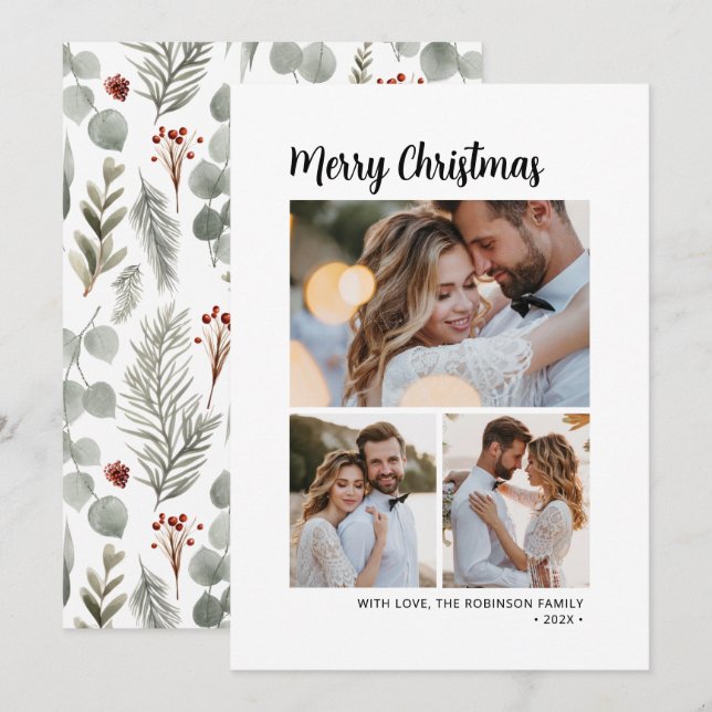 Cartão De Festividades Natal Mínimo de Script Botânico 3 com Fotografias  (Frente/Verso)