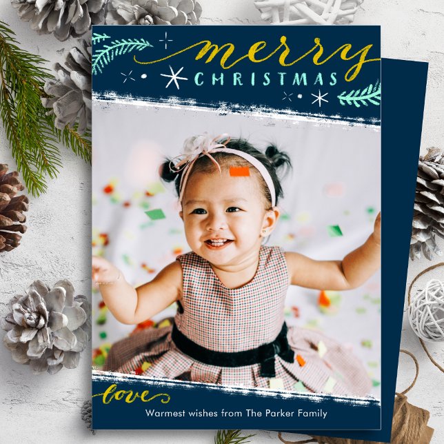 Cartão De Festividades Natal Mínimo do Dourado Script Azul Dusty (Criador carregado)