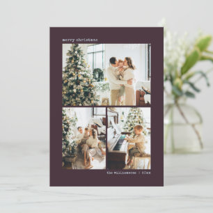 Cartão De Festividades Natal Moderno de Ameixa Minimalista com Três Fotos