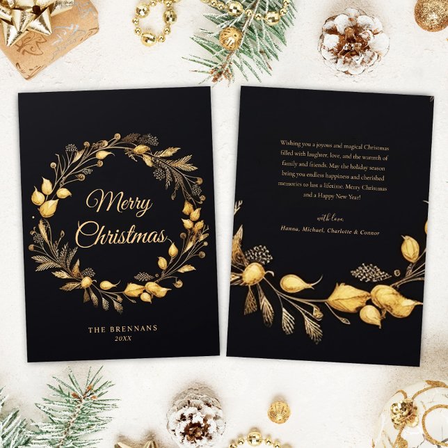 Cartão De Festividades Natal Moderno Elegante Festivo Único Dourado (Christmas Modern Elegant Festive Unique Black Gold Holiday Card)