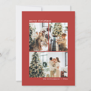 Cartão De Festividades Natal Moderno Minimalista Vermelho com Três Fotos