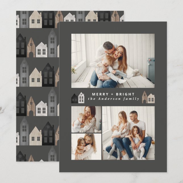 Cartão De Festividades Natal moderno no Japão Casas nórdicas 4 fotos em q (Frente/Verso)