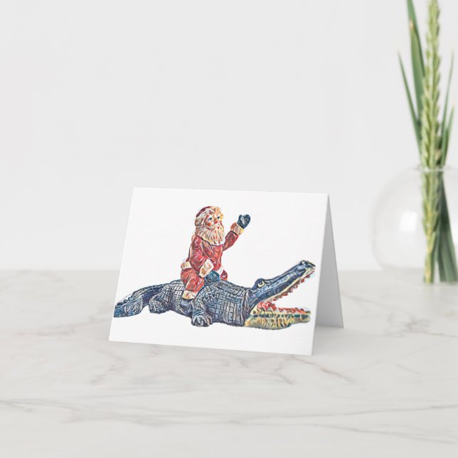 Cartão De Festividades Natal na Flórida Santa Claus montando Alligator (Frente)