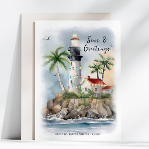 Cartão De Festividades Natal na Palma da Torre de Farol no Mar Costeiro