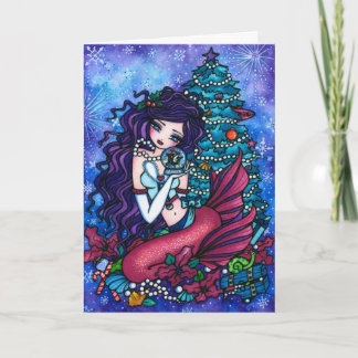 Cartão De Festividades Natal nevado da orca da sereia da fantasia dos