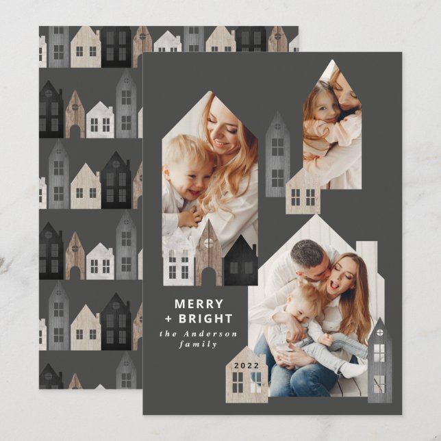 Cartão De Festividades Natal no Japão moderno Casas nórdicas 3 fotos (Frente/Verso)