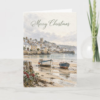 Cartão De Festividades Natal no Porto de St Ives em Aquarela