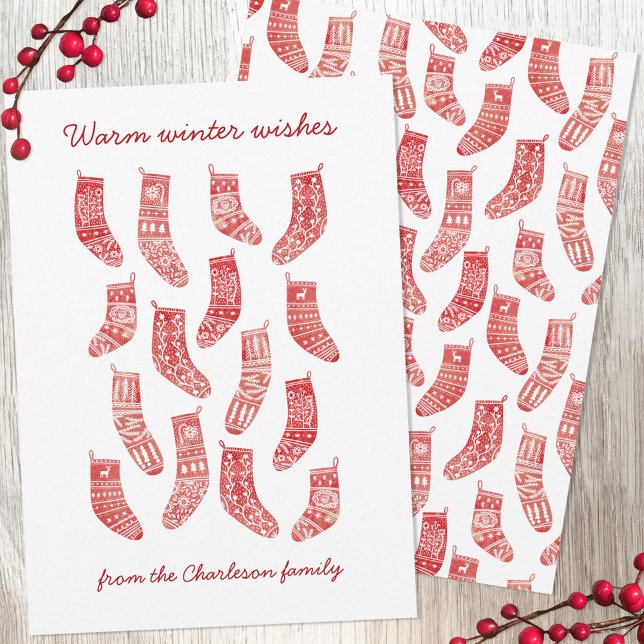 Cartão De Festividades Natal nórdico (Nordic Scandinavian red and white Christmas stockings holiday card)