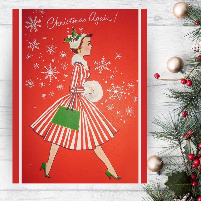 Cartão De Festividades Natal novamente Moda de 1950 (Christmas Again 1950s Fashion Lady Custom Holiday Card. Add a special message and your name!)
