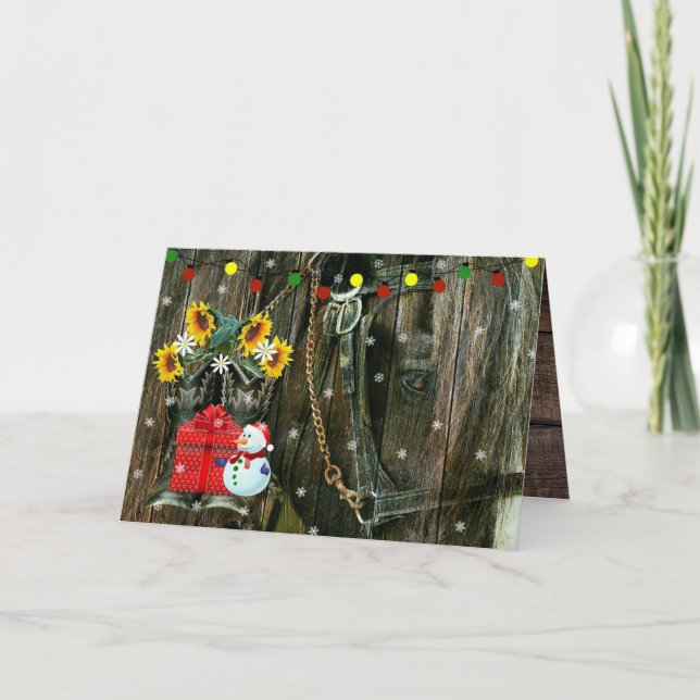 Cartão De Festividades Natal Ocidental Frosty, Snowman and Horse (Frente)