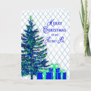 Cartão De Festividades Natal, Pal Secreto, Azul/Árvore, presentes