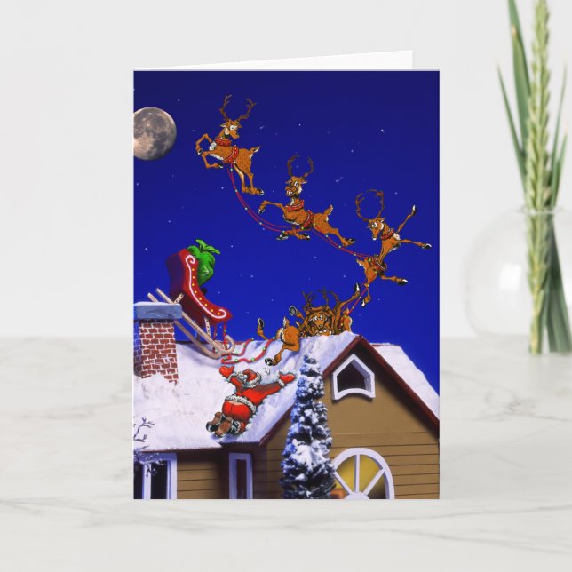 Cartão De Festividades Natal - Papais noeis caíram no telhado (Frente)
