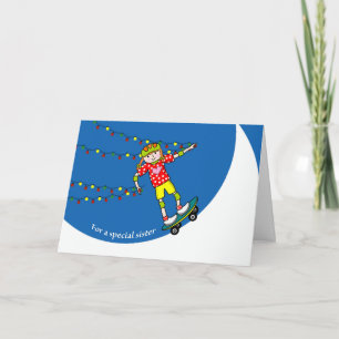 Cartão De Festividades Natal para Irmã, Menina Skateboarder e Luzes