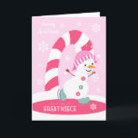 Cartão De Festividades Natal para o grande boneco de neve do patinagem no<br><div class="desc">Envie a uma grande sobrinha especial um divertimento e um cartão de Natal cor-de-rosa festivo que caracterizam um boneco de neve feliz do patinagem no gelo com um bastão de doces colorido e os flocos de neve em uma luz - fundo cor-de-rosa. Cortesia do boneco de neve de Grafik bonito....</div>