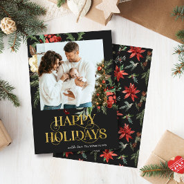 Cartão De Festividades Natal para Poinsettia Dourada e Preta Elegante