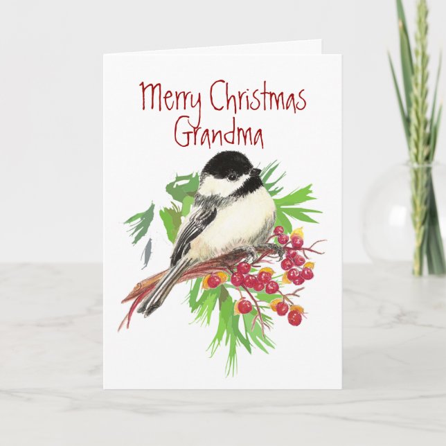 Cartão De Festividades Natal, pássaro do Avó-Chickadee, natureza, jardim (Frente)