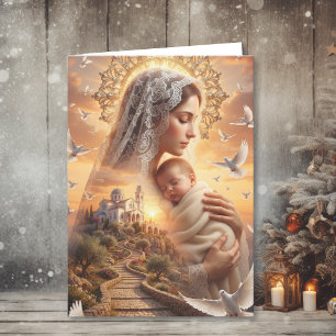 Cartão De Festividades Natal Paz Celestial Mãe Maria e Jesus