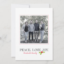 Cartão De Festividades Natal Peace Love Joy Holly Family Name Photo