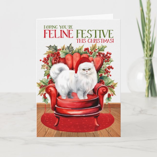 Cartão De Festividades Natal Pérsico Branco Gato FELO Festivo (Frente)