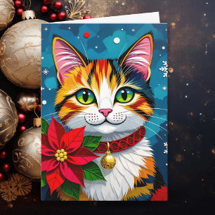 Cartão De Festividades Natal Personalizado de Gato e Poinsettia