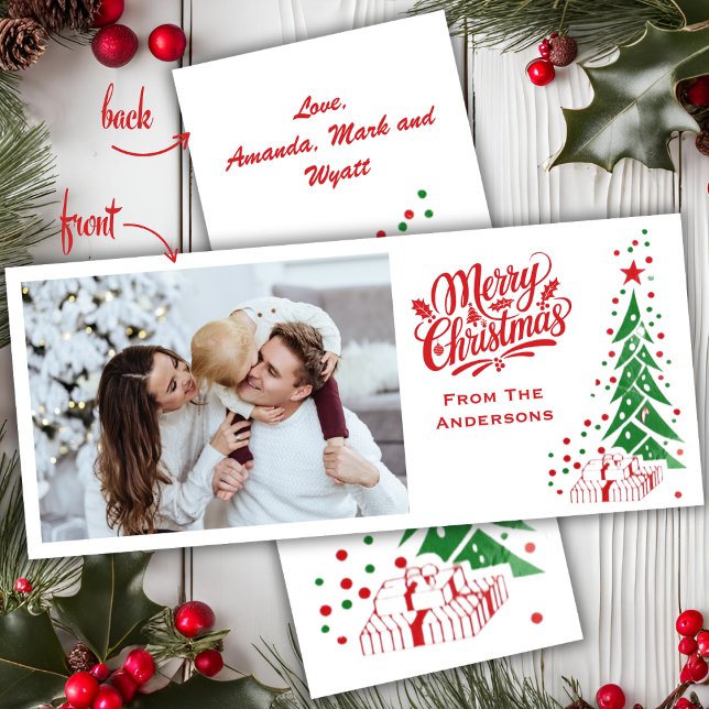 Cartão De Festividades Natal Personalizado de Meio século Moçado Antigo (Old Fashioned Mid Century Custom Photo Christmas Holiday Card)