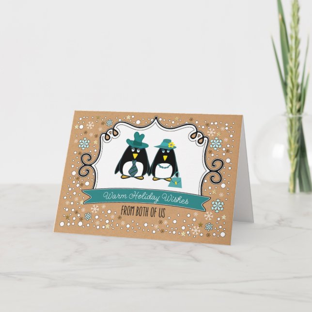 Cartão De Festividades Natal Personalizado do Casal Penguin Engraçado (Frente)