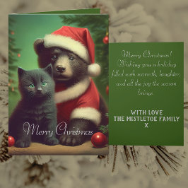 Cartão De Festividades Natal Personalizado do Urso Vintage e Gatinho Pret