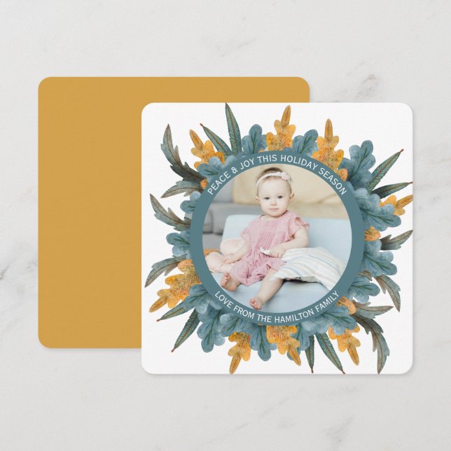 Cartão De Festividades Natal Personalizado Laranja Azul Deixa Foto (Frente/Verso)