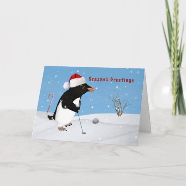 Cartão De Festividades Natal, pinguim que joga o golfe, o cumprimento da (Frente)