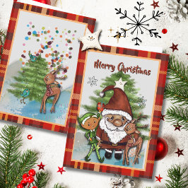 Cartão De Festividades Natal Plaid Caprichoso com Papai Noel, Cervo e Men