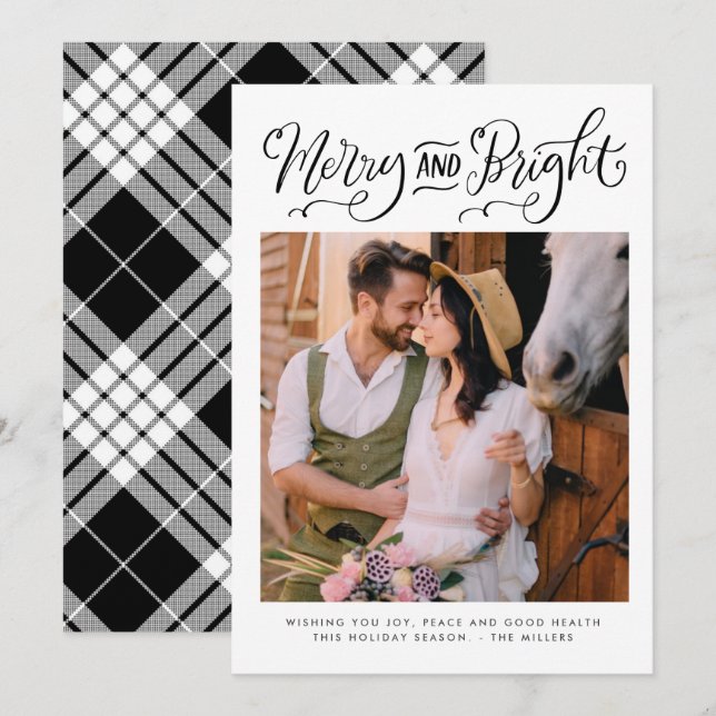 Cartão De Festividades Natal preto e branco com Feliz brilhante (Frente/Verso)