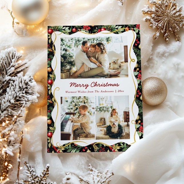 Cartão De Festividades Natal preto e Dourado Moderno Botânico 3 Foto (Criador carregado)