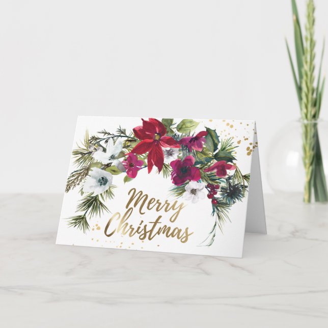 Cartão De Festividades Natal Red Poinsettia Pine Bíblia Isaiah 9:6 (Frente)
