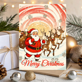 Cartão De Festividades Natal Retro com Papai Noel e Rena na Nevasca
