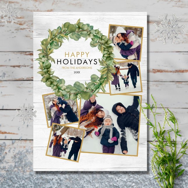 Cartão De Festividades Natal Russo 5 Foto Colagem Greenery Wreath (Criador carregado)