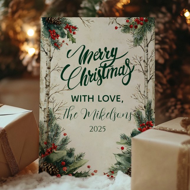 Cartão De Festividades Natal Rustic Birch Pinecone (Criador carregado)