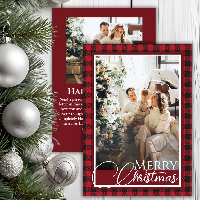 Cartão De Festividades Natal Rustic Buffalo Xadrez Red and Black (Rustic Buffalo Plaid Red and Black Photo Christmas Holiday Card)