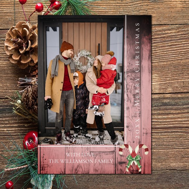 Cartão De Festividades Natal Rustic Candy Canes | Rosa (Pink Rustic Candy Canes Christmas Photo Card)