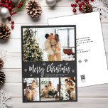 Cartão De Festividades Natal Rustic Chalkboard 4 Photo Collage<br><div class="desc">Placa de Férias de Natal Mínima russa Snowflake 4 Foto Colagem de Foto Feliz Cartão de Feriado de Natal. Esta modelo de 4 fotos, festiva, minimalista, apresenta uma bonito colagem fotográfica, um floco de neve e diz Feliz Natal! O texto de saudação do "Feliz Natal" é escrito em um belo...</div>