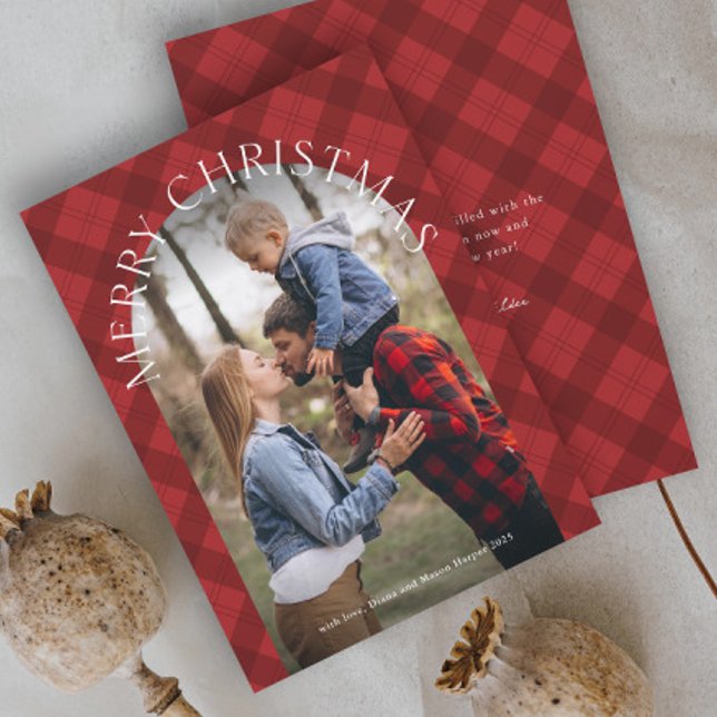 Cartão De Festividades Natal Rustic Red Xadrez Arch (Rustic red plaid arch photo Christmas holiday cards.)