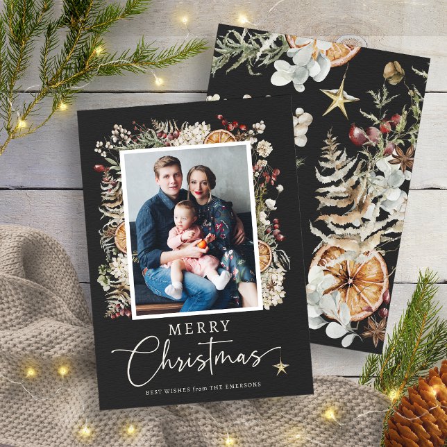 Cartão De Festividades Natal Rústico Boho (Elegant Black Rustic Boho Christmas Holiday Card
)