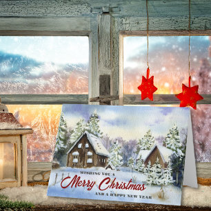 Cartão De Festividades Natal Rústico em Celeiro com Aquarela