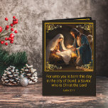 Cartão De Festividades Natal Santa Família Religiosa<br><div class="desc">Celebre o verdadeiro significado do Natal com o nosso belo cartão de Natal da cena da Natividade. A frente da carta apresenta o verso Bíblia e eterno Luke 2:11, que nos lembra o nascimento milagroso de Jesus. Dentro, você encontrará uma saudação sentimental e sentimental, perfeita para compartilhar seus desejos calorosos...</div>