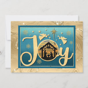 Cartão De Festividades Natal Silhueta Moderna em Ouro "JOY" Cena de Nativ