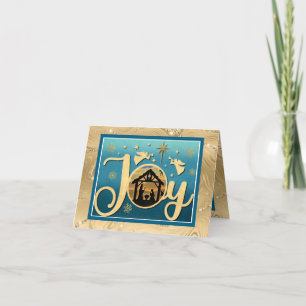 Cartão De Festividades Natal Silhueta Moderna em Ouro "JOY" Cena de Nativ