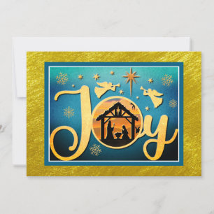 Cartão De Festividades Natal Silhueta Moderna em Ouro "JOY" Cena de Nativ